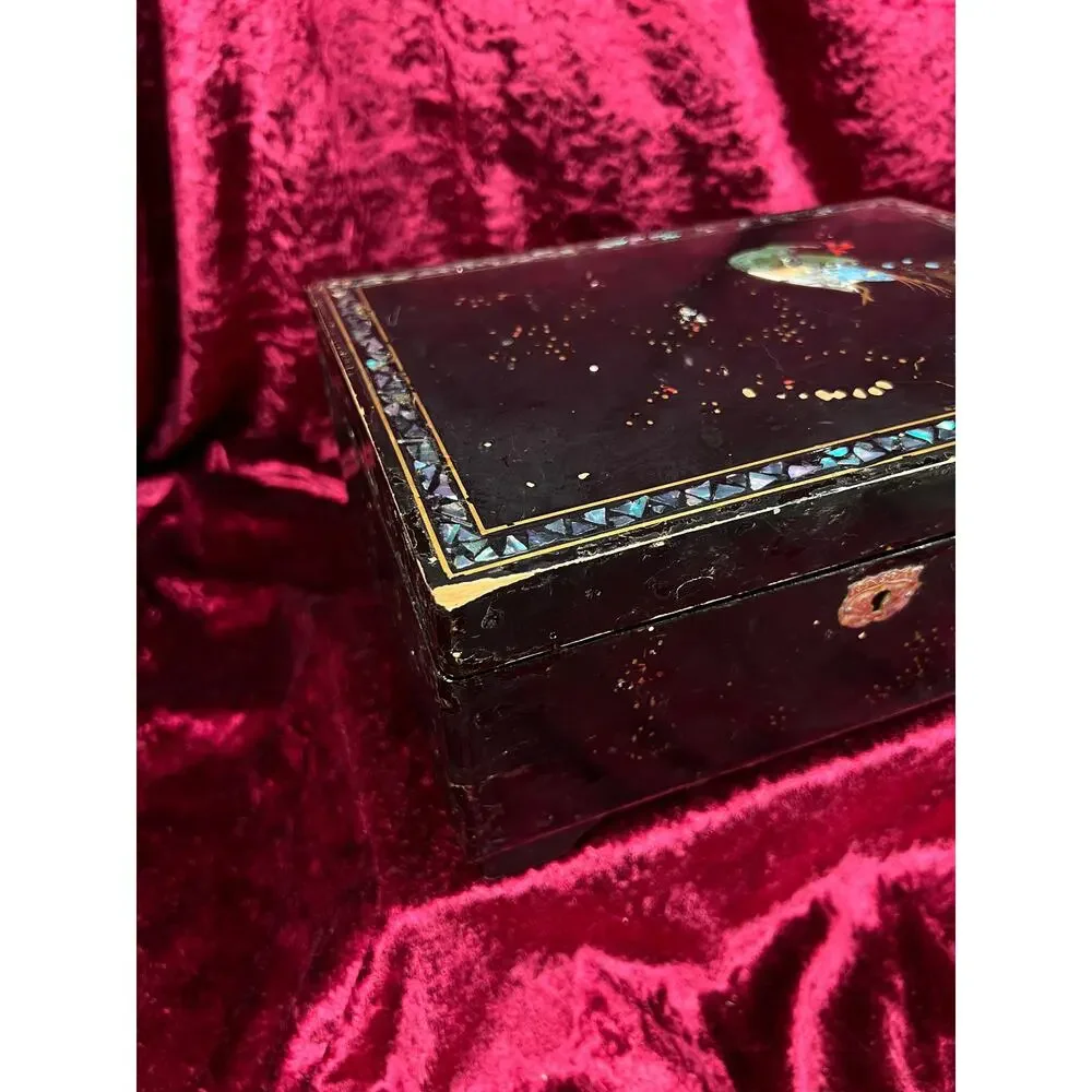 Vintage Black Lacquer Jewelry Box - Mother of Pearl Painted Peacock Vanity Chest